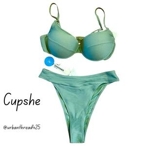 🌴🌴 NWT Cupshe Seafoam Green Ribbed Padded Bikini – Size Large – NEW WITH TAGS